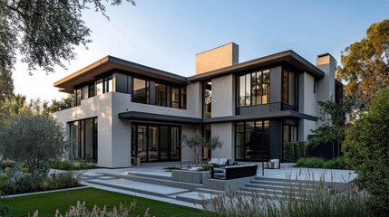 Naklejka premium Modern House with Patio and Surrounding Landscaping