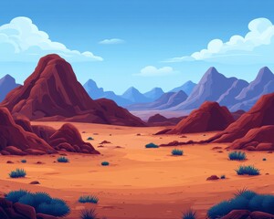 Naklejka premium Stunning Cartoon Desert Landscape with Majestic Mountains and Blue Sky - Serene Arid Environment Adventure Scenery Perfect for Animation Inspiration