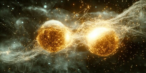 Cosmic Collision Simulation: Stunning Visual of Binary Stars Merging in Space Nebula - Dazzling Light Waves and Stellar Dust in Intergalactic Void