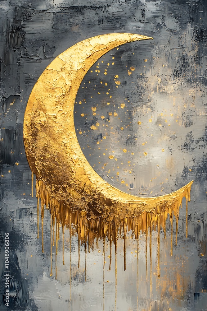 Poster a captivating golden crescent moon dripping with radiance set against an abstract background of deep