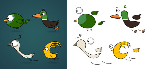 Cute and funny cartoon birds 2D character parts PNG for games and animations.Comes with transparent background.Round bird, Egret, Sparrow and duck, in green, white, yellow colors.2D game asset