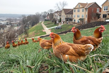 Fototapeta premium Brown Chickens in a Green Grassy Area with a Blurred Cityscape in the Background