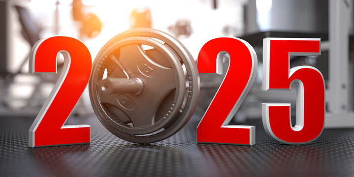 2025 Happy New Year  in fitness bodybuilding workout gym. Number 2025 with barbell and oter spoirt equipment.
