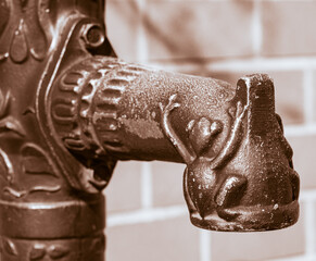 Alte Wasserpumpe mit Froschmotiv in der Feste Zons 2008, NRW, Germany