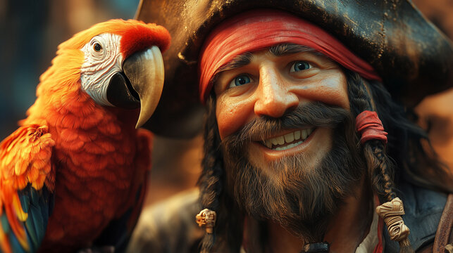 olly Pirate Cartoon with a Mischievous Parrot

