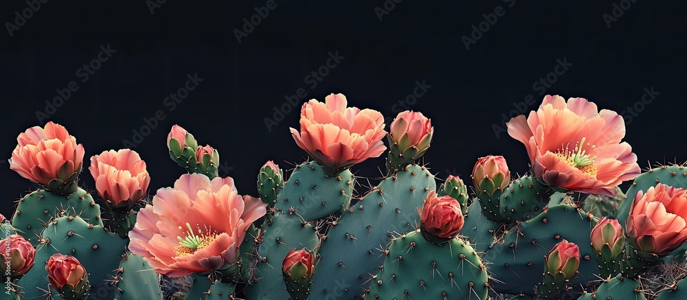 Fototapete Flowering prickly pear cactus. with copy space image. Place for adding text or design
