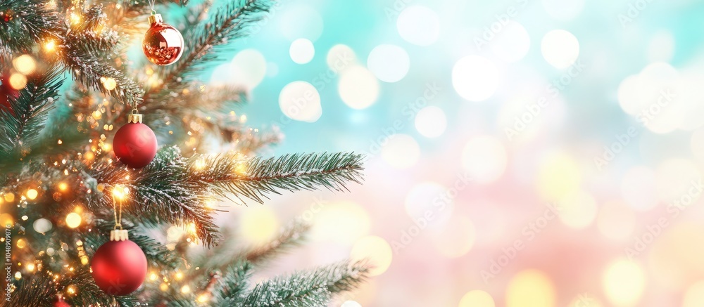 Poster Ornamented Christmas tree with a blurred backdrop. with copy space image. Place for adding text or design