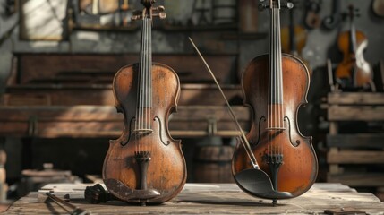 Naklejka premium Two Worn Wooden Violins Resting on a Wooden Table