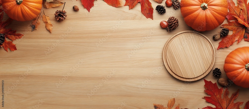 Poster Thanksgiving Day Flat lay arrangement featuring pumpkins leaves and a round board on a light wooden table with space for text. with copy space image. Place for adding text or design