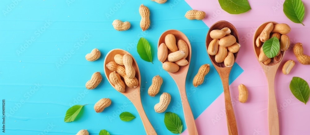 Leinwandbilder Spoons filled with delicious peanuts on a colorful background. with copy space image. Place for adding text or design