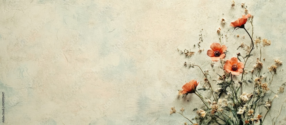 Poster textured vintage paper background featuring a wildflower bouquet. with copy space image. place for a