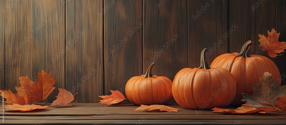 Poster autumn pumpkins accompanied by leaves on a wooden surface. with copy space image. place for adding t