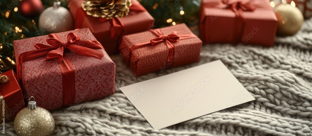 Poster christmas backdrop featuring decorations and gift boxes on a knitted blanket xmas gifts alongside a 