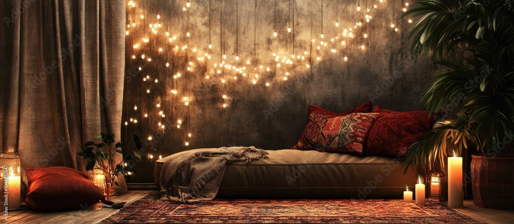 Poster Chic decor in a boho style for a romantic evening for couples. with copy space image. Place for adding text or design