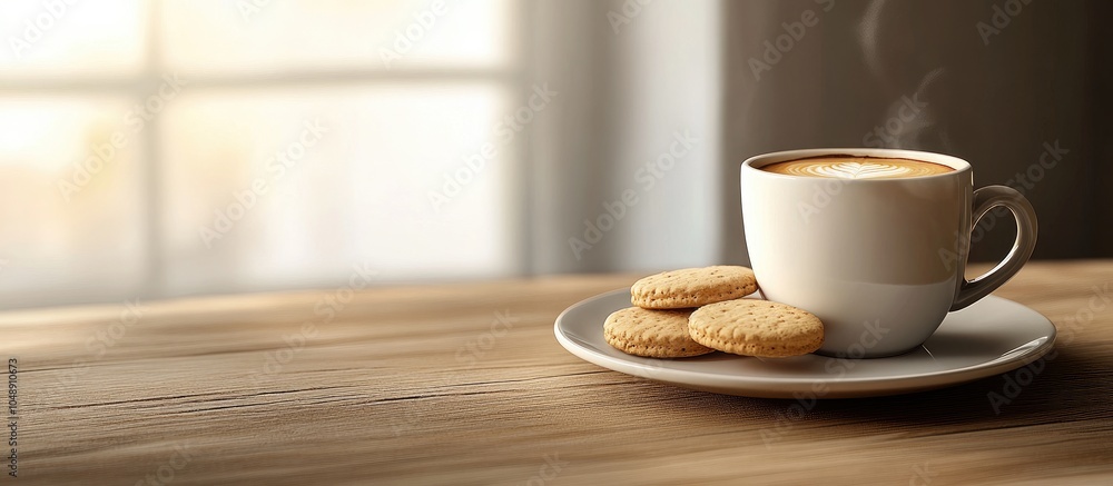 Leinwandbilder cup of hot coffee with a plate of biscuits on a wooden table. with copy space image. place for addin