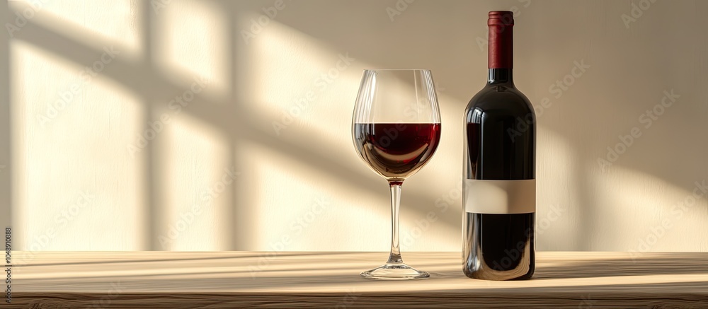 Poster red wine in a glass alongside a bottle on a light wooden table. with copy space image. place for add