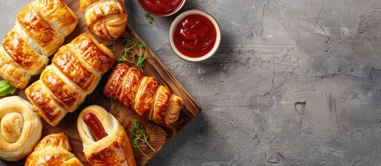 Sausage rolls and Pigs in Blankets made with puff pastry on a wooden board Gray backdrop Top view. with copy space image. Place for adding text or design