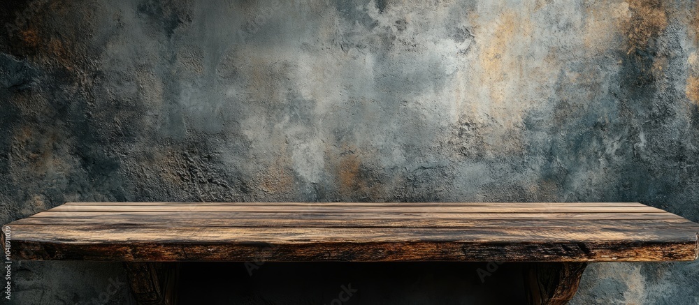 Aufkleber Vacant wooden table set against a grunge cement background for product and food display montage. with copy space image. Place for adding text or design