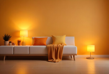 Realistic kitchen interior, orange sofa, gray floor, wooden table, loft style, super details, soft lighting, Night light in cozy interier sale website banner in yellow, orange background color, minima