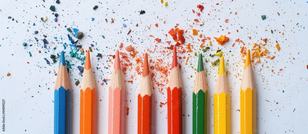 Poster a collection of colored pencils and shavings on a white background with copy space instagram image s
