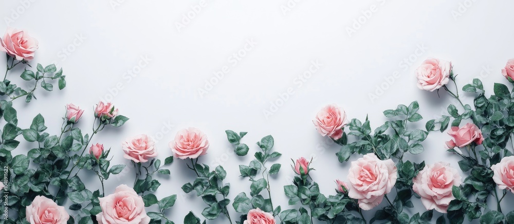 Poster floral pattern featuring pink rose flowers in full bloom alongside green leaves on a pastel white ba