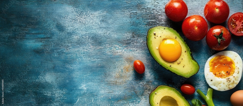 Poster avocado tomatoes onion and egg on a blue rustic surface. with copy space image. place for adding tex