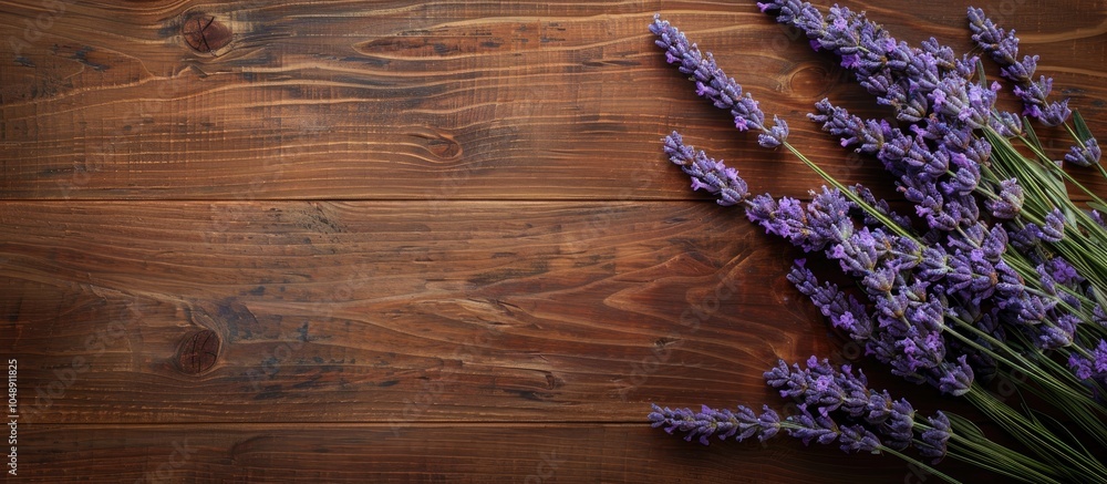 Poster Bouquets of lavender on a wooden tabletop seen from above. with copy space image. Place for adding text or design