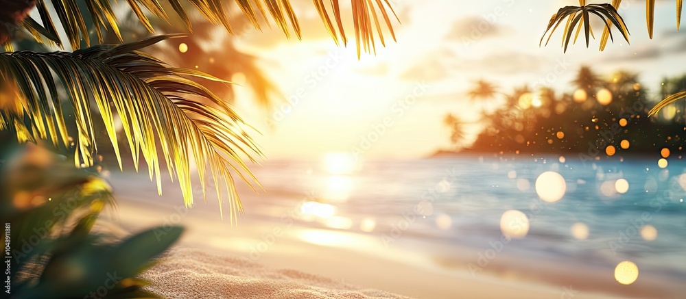 Poster Summer sky backdrop features beautiful nature at a tropical beach with bokeh sunlight evoking a vacation blur. with copy space image. Place for adding text or design