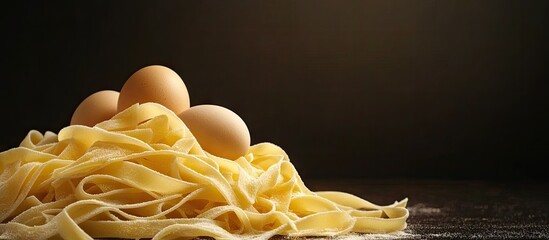 Dry pasta with eggs against a dark background. with copy space image. Place for adding text or design