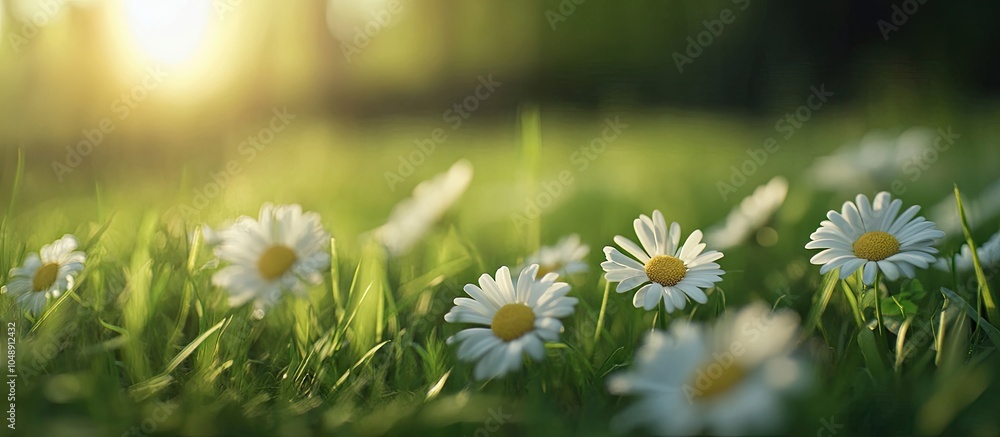 Fototapete daisy flowers in the grass with a green shallow depth of field lovely daisy flowers in their natural
