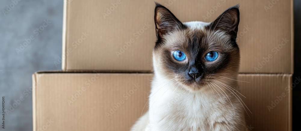Poster pet adoption concept siamese cat sitting in front of a cardboard box sandy colored background with a