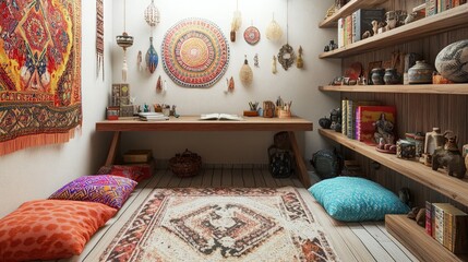 A bohemian-styled home office with a wooden desk
