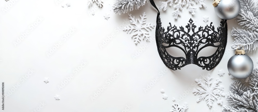 Poster black lace carnival mask for women decorative baubles snowflakes on a white background merry christm