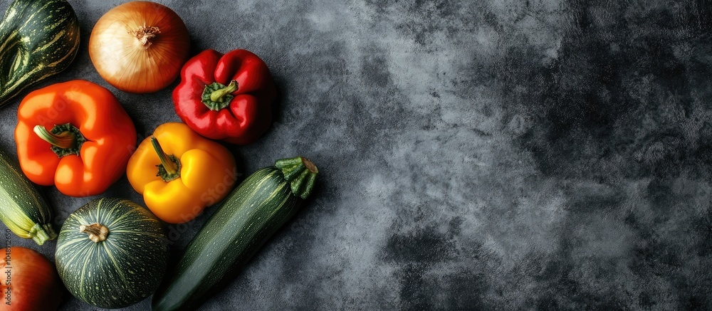 Poster fresh organic vegetables on a table top view image of onion pepper acorn squash and zucchini grey te