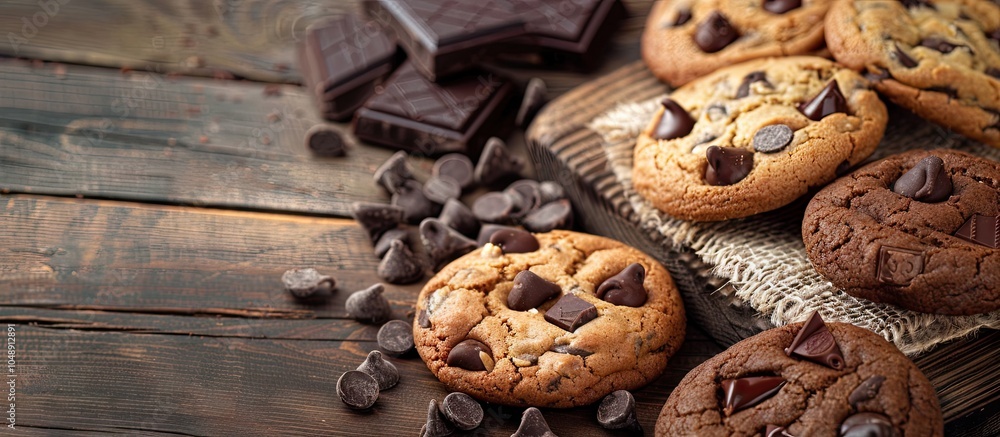 Poster homemade healthy cookies and chocolate cookies on a wooden table. with copy space image. place for a