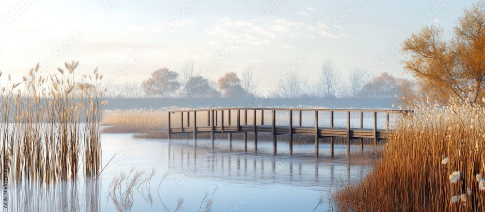Leinwandbilder footbridge spanning a lake with reeds along the shore. with copy space image. place for adding text 
