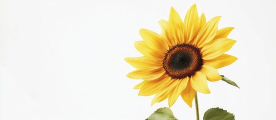 Obraz premium beautiful single sunflower blossoming isolated on a white background. with copy space image. Place for adding text or design
