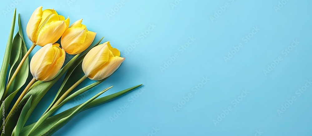 Poster A bunch of lovely yellow tulips on a blue backdrop. with copy space image. Place for adding text or design