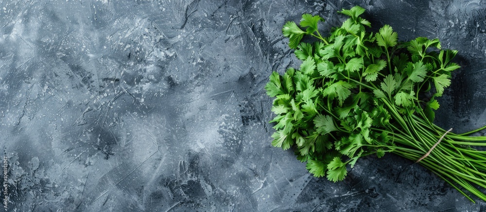 Poster A group of fresh fragrant cilantro on a grey table viewed from above Area for text. with copy space image. Place for adding text or design