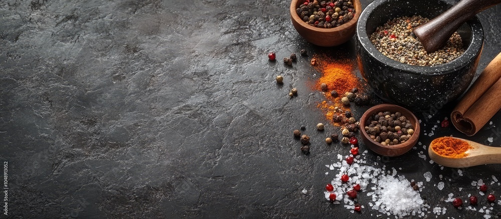 Poster assorted spices and a mortar on a black background with copy space