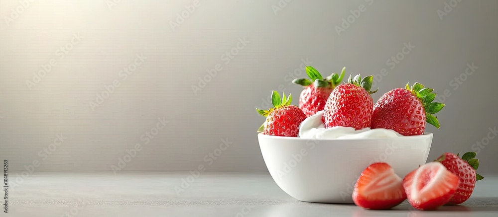 Poster fresh strawberries with yogurt on a table seasonal table arrangements. with copy space image. place 