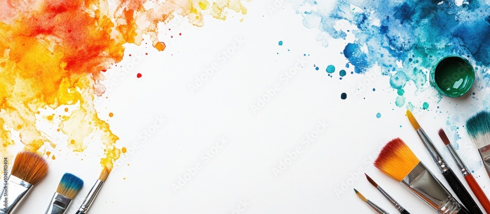 Poster Creative workspace in a flat lay arrangement featuring watercolor and brushes against a white background. with copy space image. Place for adding text or design