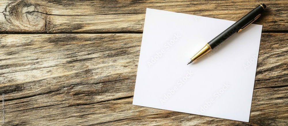 Poster blank white paper and a pen on a wooden desk high quality graphic collage. with copy space image. pl