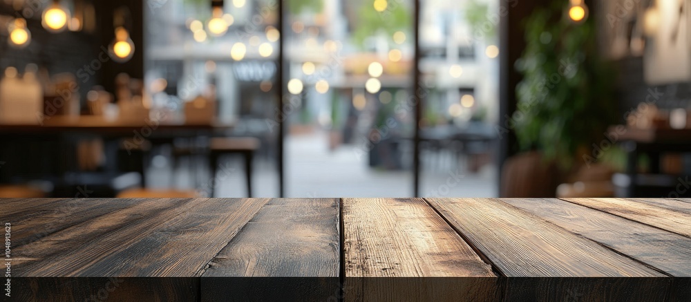 Poster selected focus on an empty brown wooden table with a blurred coffee shop background featuring bokeh 