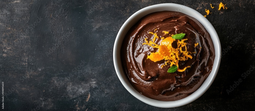 Poster tasty chocolate mousse in a white bowl topped with orange zest. with copy space image. place for add