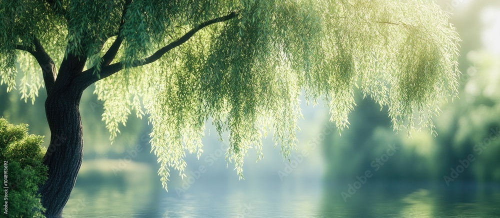 Poster beautiful willow tree with green leaves outside on a sunny day close up space for text. with copy sp