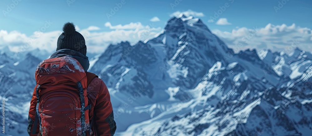 Poster a person gazing at the mountains during a winter hike. with copy space image. place for adding text 