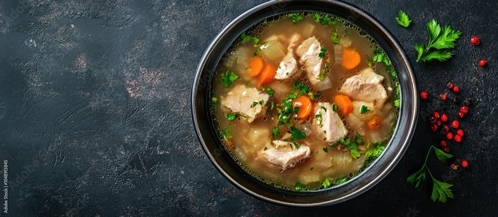 Leinwandbilder Bowl of fresh meat soup on a dark background top view. with copy space image. Place for adding text or design