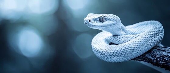 Fototapeta premium A tight shot of a white snake coiled on a tree branch against a softly blurred backdrop of trees