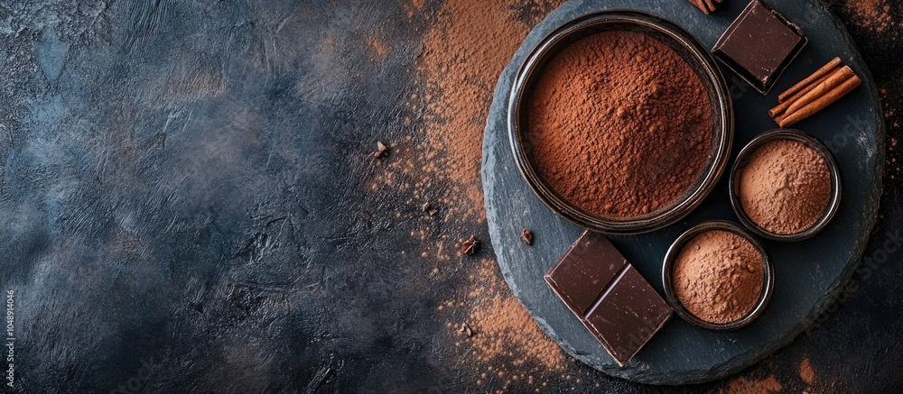 Poster cocoa powder truffle chocolate and cinnamon arranged on a stone plate top view. with copy space imag